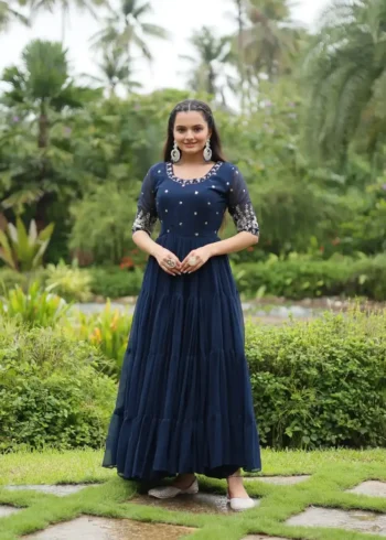 navy blue color Minimal Sequins & Zari Embroidered Designer Wedding Gown