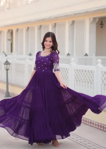 Purple color Minimal Sequins & Zari Embroidered Designer Wedding Gown