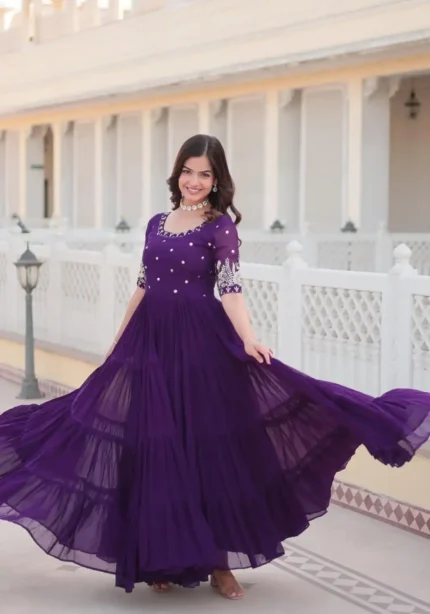 Purple color Minimal Sequins & Zari Embroidered Designer Wedding Gown