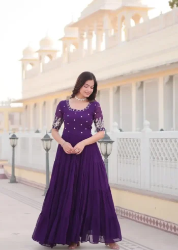 Purple color Minimal Sequins & Zari Embroidered Designer Wedding Gown