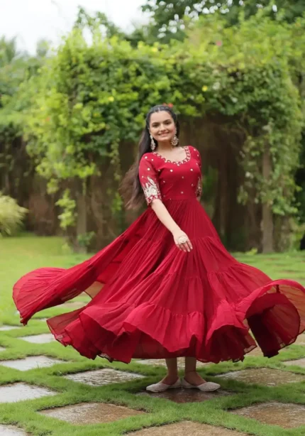 red Minimal Sequins & Zari Embroidered Designer Wedding Gown