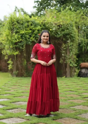 red Minimal Sequins & Zari Embroidered Designer Wedding Gown