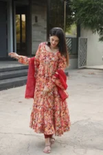 Multi Colour Crossed Embroidered Printed Anarkali Suit