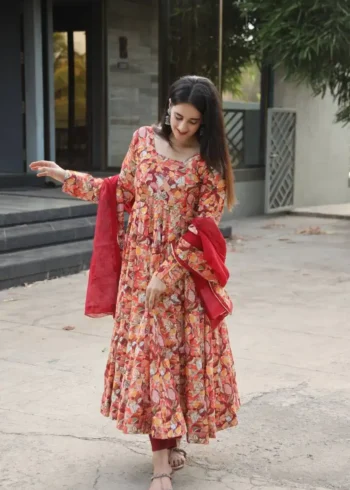 Multi Colour Crossed Embroidered Printed Anarkali Suit
