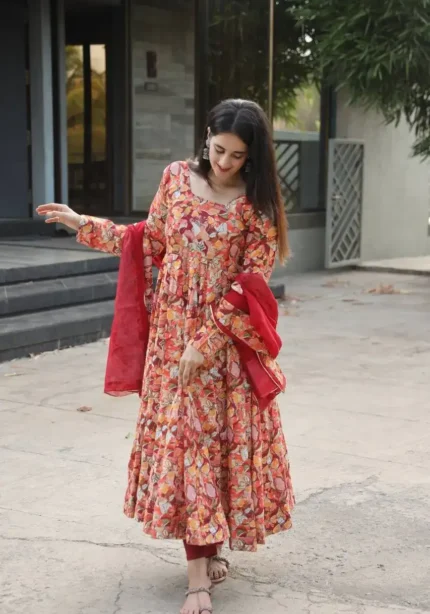 Multi Colour Crossed Embroidered Printed Anarkali Suit