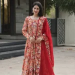 Multi Colour Crossed Embroidered Printed Anarkali Suit