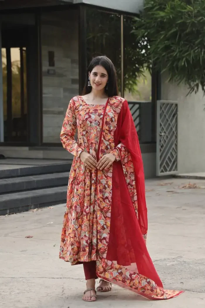 Multi Colour Crossed Embroidered Printed Anarkali Suit