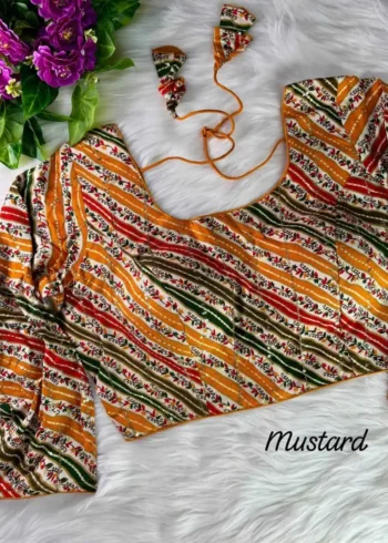 mustard color Rayon Cotton Printed Long Sleeves Leheriya Blouse