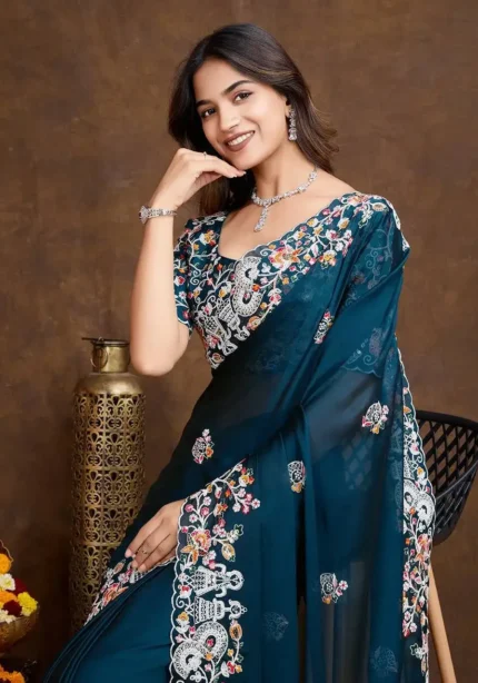 Navy Blue Heavy Embroidered Rangoli Silk Saree