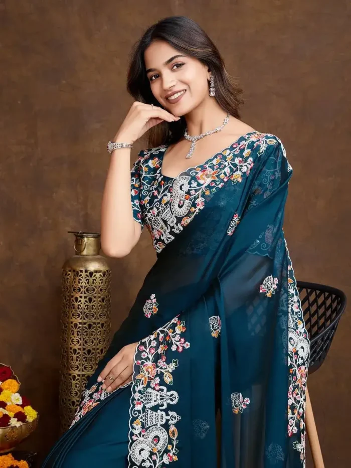 Navy Blue Heavy Embroidered Rangoli Silk Saree