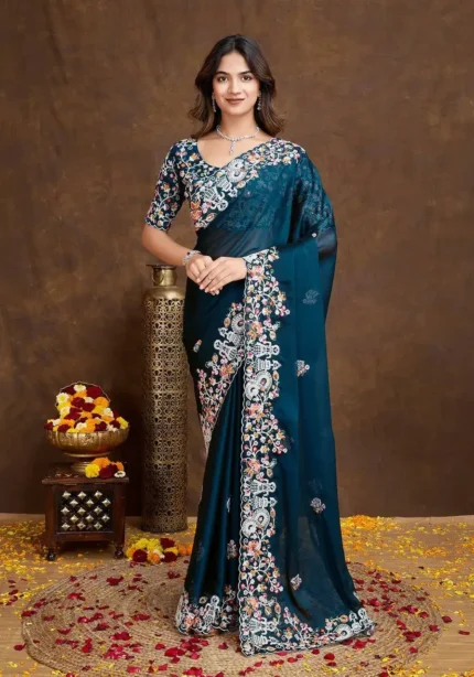 Navy Blue Heavy Embroidered Rangoli Silk Saree