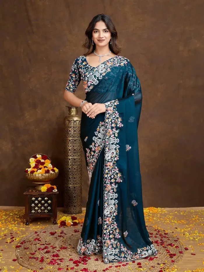 Navy Blue Heavy Embroidered Rangoli Silk Saree