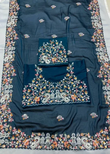 Navy Blue Heavy Embroidered Rangoli Silk Saree