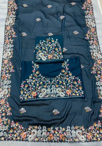 Navy Blue Heavy Embroidered Rangoli Silk Saree