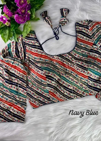 Navy Blue Rayon Cotton Printed Long Sleeves Leheriya Blouse