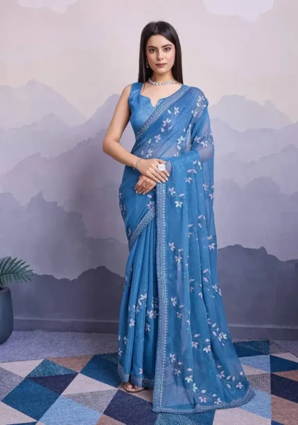 Sequins Embroidered Simmer Chiffon Party Wear Saree