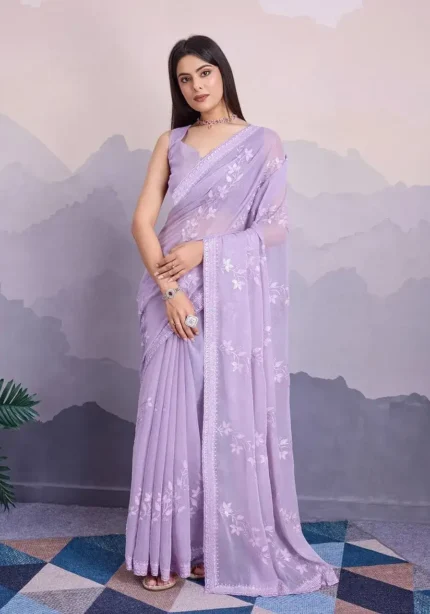 Sequins Embroidered Simmer Chiffon Party Wear Saree