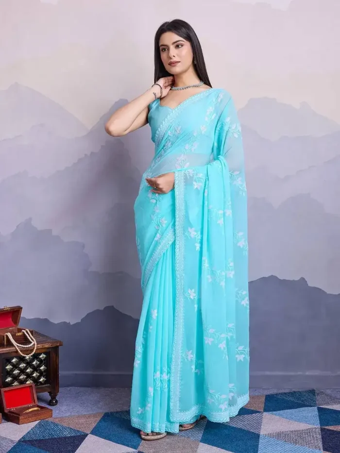 Sequins Embroidered Simmer Chiffon Party Wear Saree