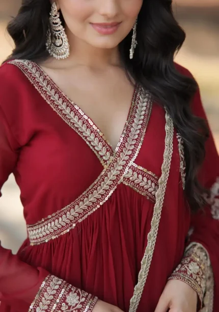 Maroon Color Premium Alia Cut Readymade Gown with Dupatta