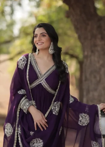 purple Color Premium Alia Cut Readymade Gown with Dupatta
