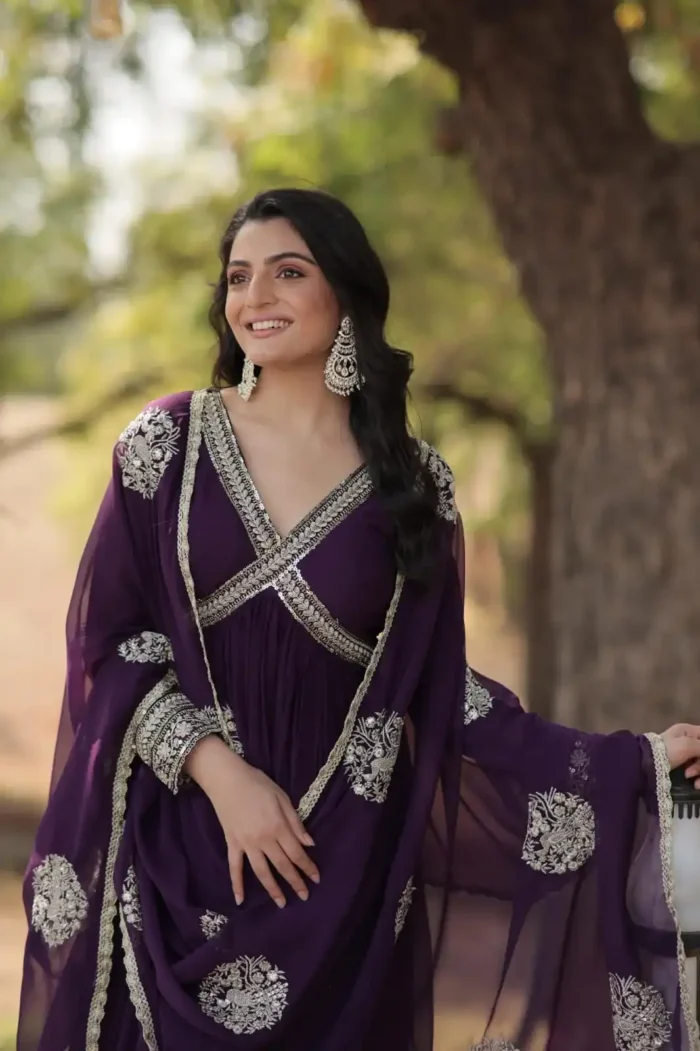 purple Color Premium Alia Cut Readymade Gown with Dupatta