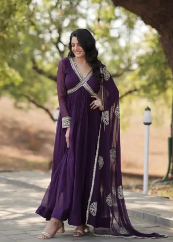 purple Color Premium Alia Cut Readymade Gown with Dupatta