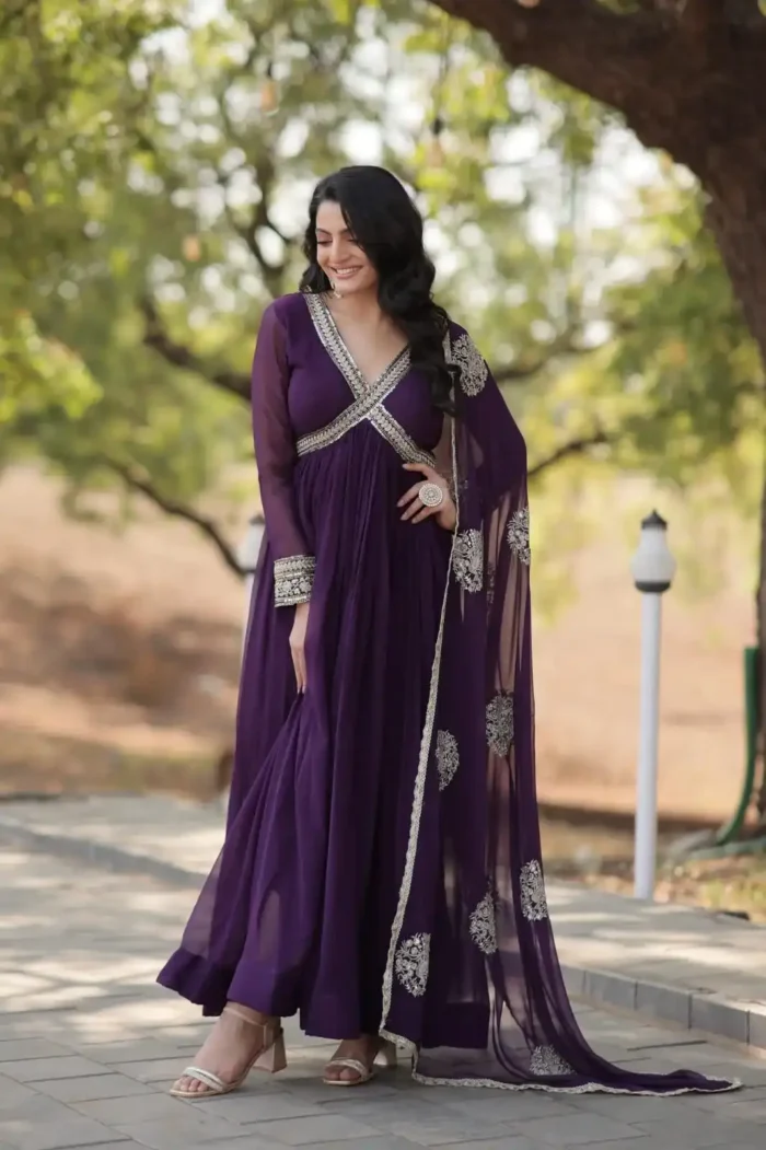 purple Color Premium Alia Cut Readymade Gown with Dupatta