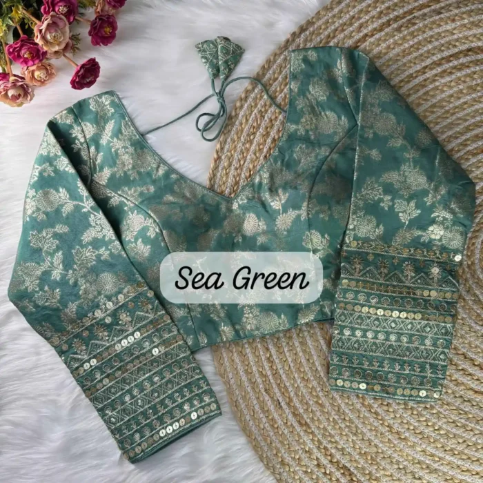 sea green color pure dola silk full sleeves readymade blouse