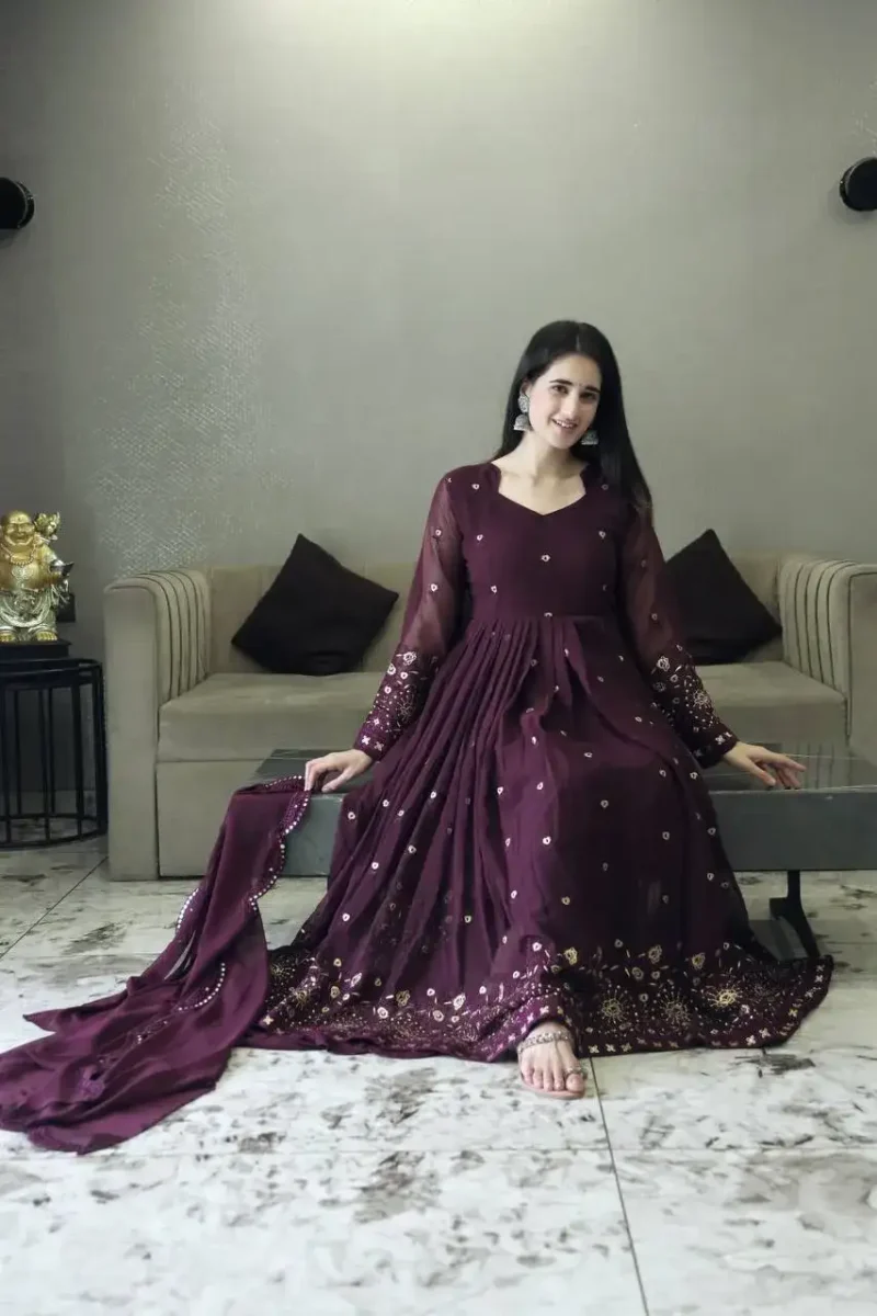 Wine color Faux Georgette Embroidered Anarkali Suit