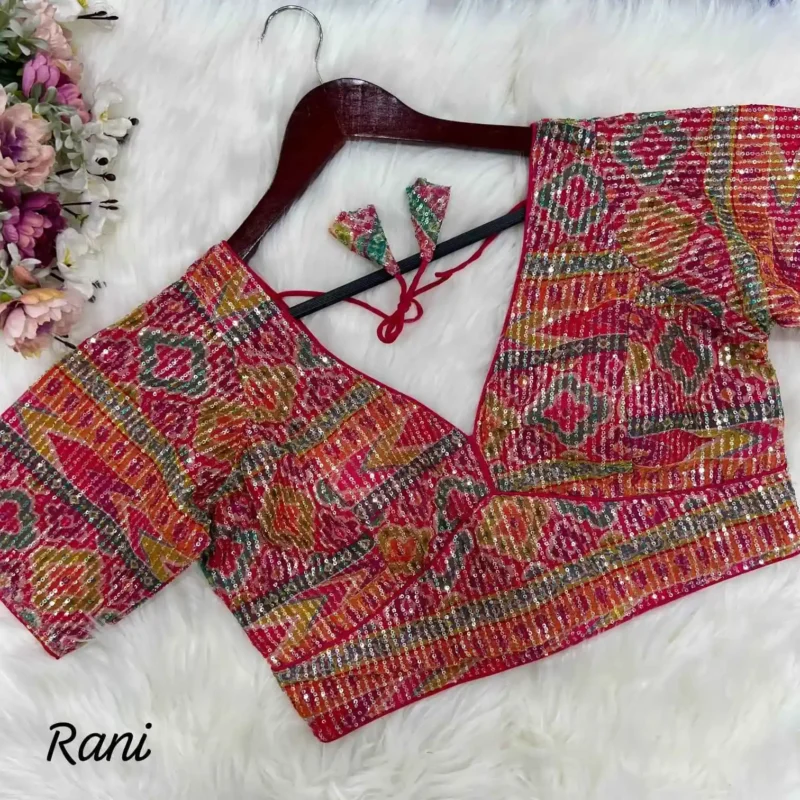 rani color digital printed with sequins embroidery work designer readymade blouse