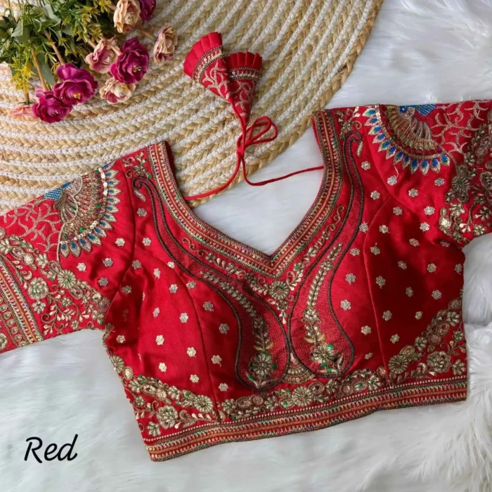 red color 3d peacock heavy italian silk heavy embroidery work bridal readymade blouse