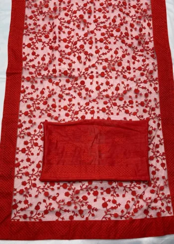 Red Color Soft Net Floral Embroidered Saree