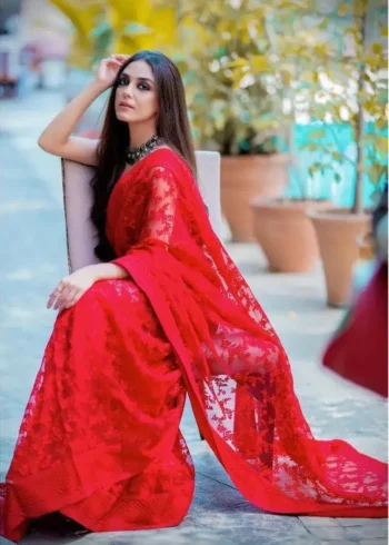 Red Color Soft Net Floral Embroidered Saree Buy Celebrity Sarees Online