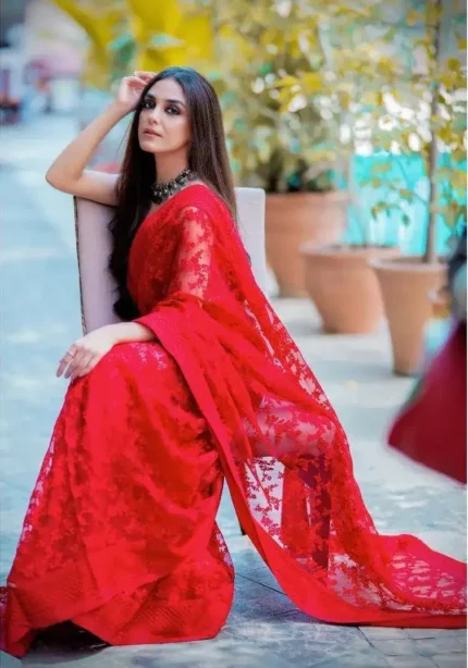 Red Color Soft Net Floral Embroidered Saree Buy Celebrity Sarees Online