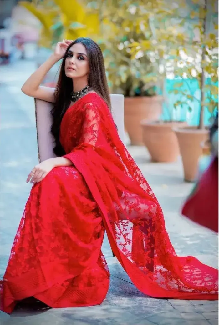 Red Color Soft Net Floral Embroidered Saree Buy Celebrity Sarees Online