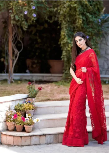 Red Color Soft Net Floral Embroidered Saree