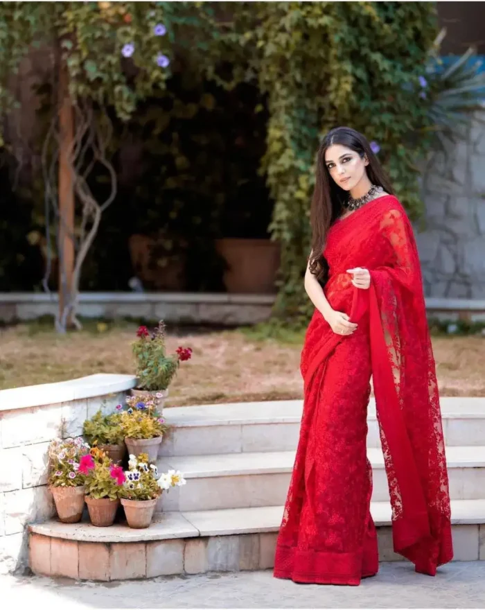 Red Color Soft Net Floral Embroidered Saree