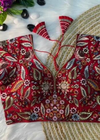 red Color Multi Thread Embroidered Partywear Readymade Blouse