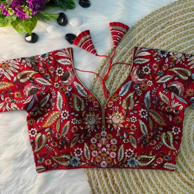 red Color Multi Thread Embroidered Partywear Readymade Blouse