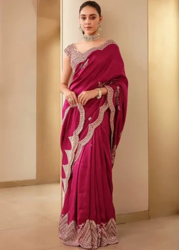 Red color Two Tone Vichitra Silk Embroidery Saree buy celebrity sarees online
