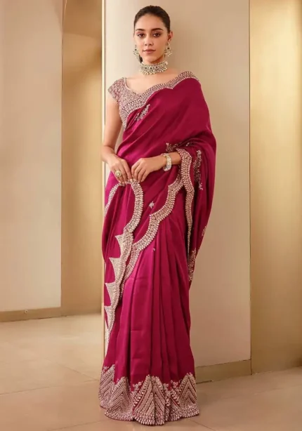 Red color Two Tone Vichitra Silk Embroidery Saree buy celebrity sarees online