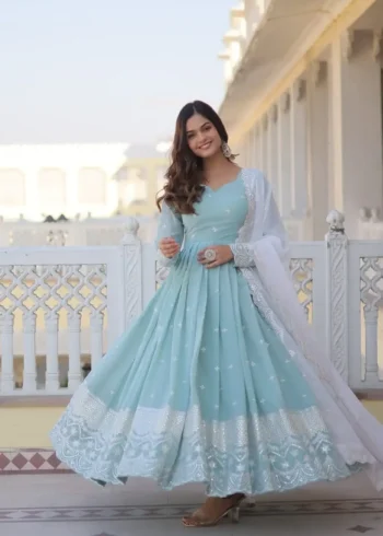 sky blue faux georgette thread and sequins embroidered gown with dupatta
