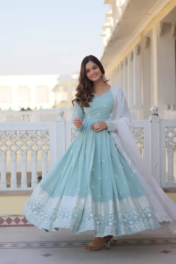 sky blue faux georgette thread and sequins embroidered gown with dupatta