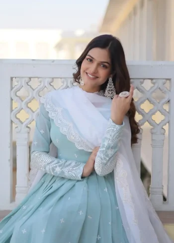 sky blue faux georgette thread and sequins embroidered gown with dupatta