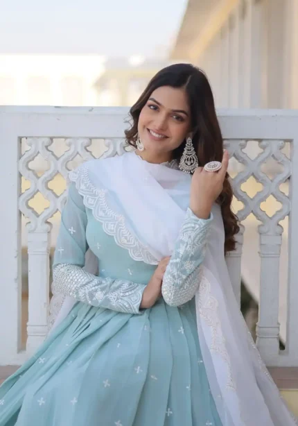 sky blue faux georgette thread and sequins embroidered gown with dupatta