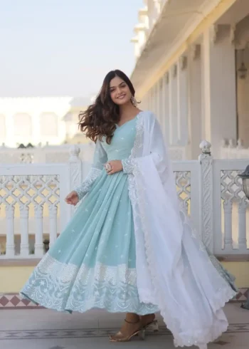 sky blue faux georgette thread and sequins embroidered gown with dupatta