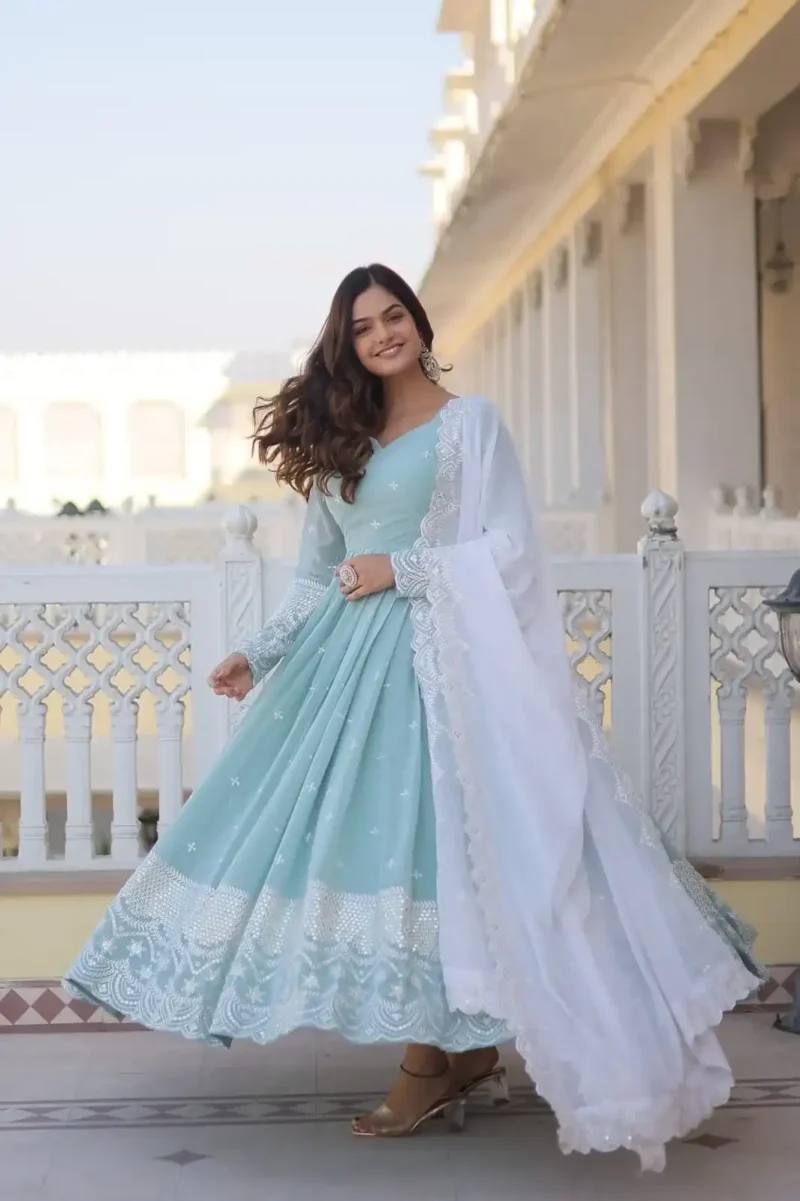 sky blue faux georgette thread and sequins embroidered gown with dupatta