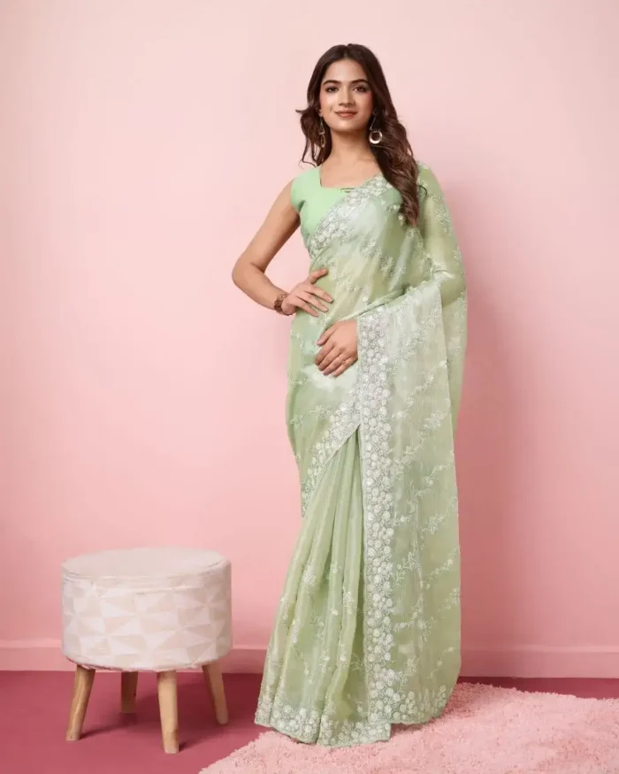 pista color Party Wear Soft Premium Burberry Silk Saree for party wear