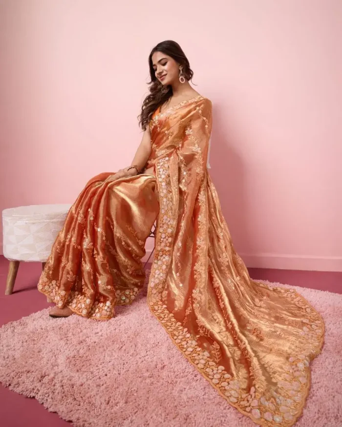 orange color Party Wear Soft Premium Burberry Silk Saree for party wear