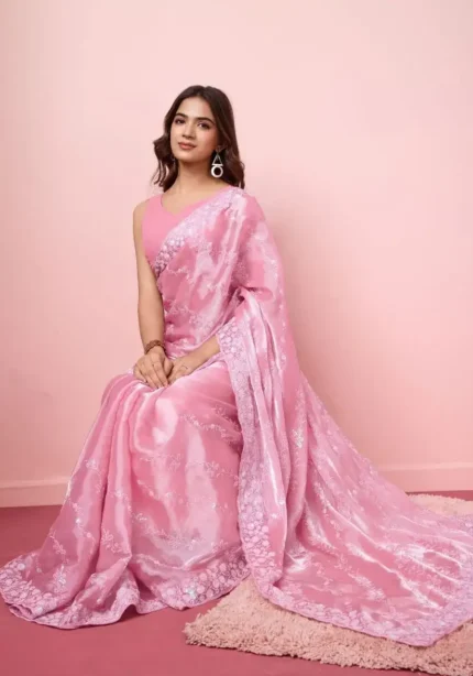 Pink color Party Wear Soft Premium Burberry Silk Saree for party wear